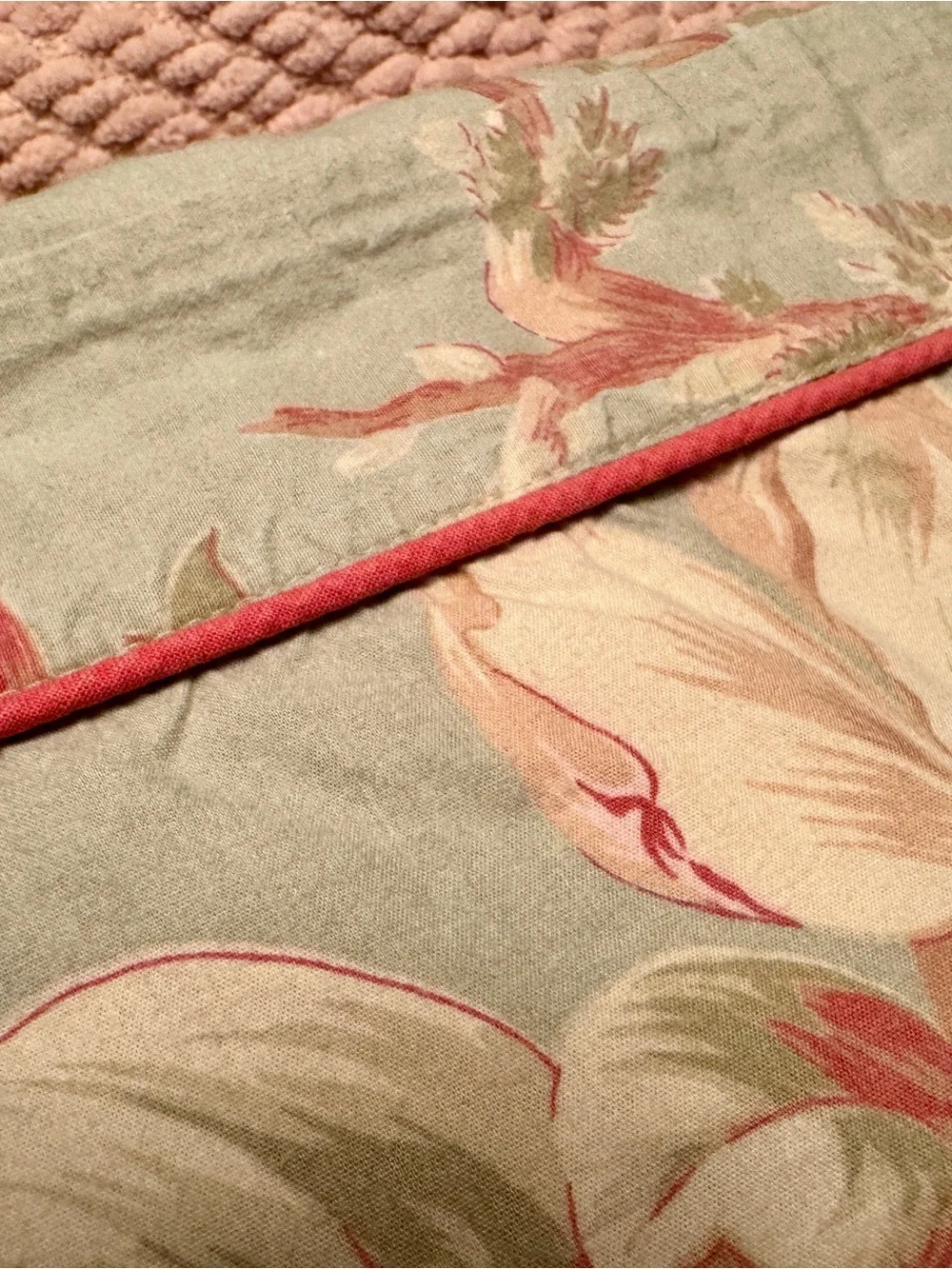 Floral Pastel Duvet Cover on a Light Moss Background with Pink-Coral Piping